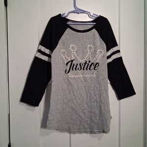 Justice Active Girls Gray Black Raglan Baseball Tee Crown Lace Stripes Size 12